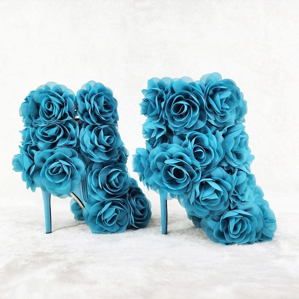 NIB Beauty 3D Flowers Floral High Heel Xoanna Elegant Ankle Boots Teal Blue - Picture 3 of 16